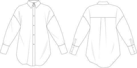  Technical drawing. Oversized classic button-down collar shirt in blue poplin fabric. Back and Front. On body.