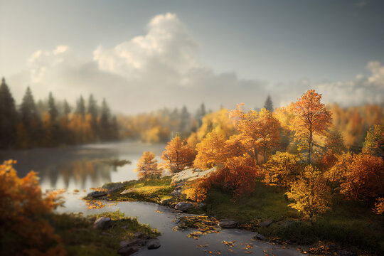 森と川、紅葉 © KK