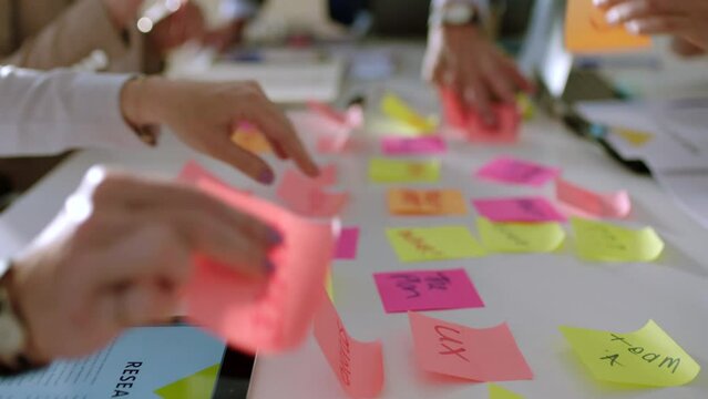 Zoom of hands, diversity or business people with sticky notes for schedule planning, marketing or mission strategy. Teamwork, hand or employee for collaboration, creative idea or SEO vision calendar