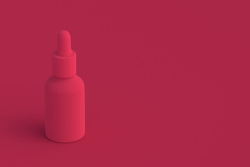 Cosmetic bottle with pipette of magenta on red background. Color of the year 2023. Copy space. 3d render