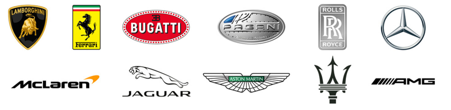Luxury Sport Car Logo Collection. Lamborghini, Ferrari, Bugatti, Pagani; Rolls Roys, Mecedes, McLaren, Jaguar, Aston Marin, Maserati and AMG icon set, transparent png file