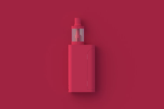 Electronic cigarette of magenta on red background. Color of the year 2023. Top view. 3d render