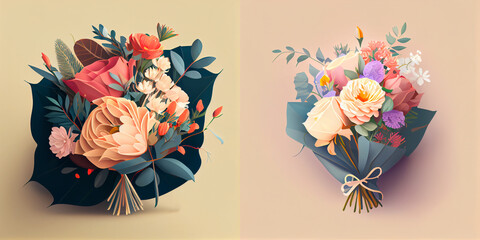 Set of Colorful Flowers Bouquet Design Illustration