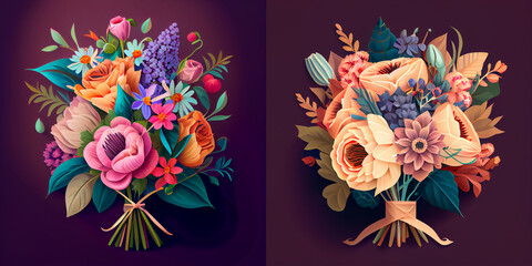 Fototapeta na wymiar Set of Colorful Flowers Bouquet Design Illustration