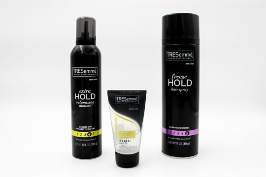Isolated bottles of Tresemme Hair Spray, Mousse, and Gel used by professionals. Tresemme is a popular haircare brand available at all health and beauty stores. Taken in Miami, Fl on December 2, 2022.