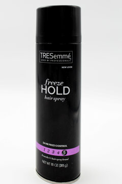 Isolated bottle of Tresemme Freeze Hold Anti-Frizz Hair Spray used by professionals. Tresemme is a popular haircare brand available at all health and beauty stores. Taken in Miami, Fl on December 2022