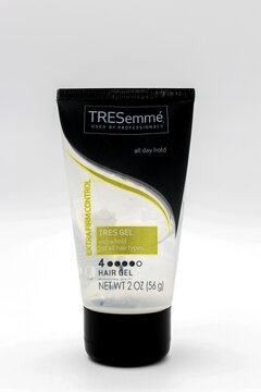 Isolated travel tube of Tresemme gel. Extra hold hair gel used by professionals. Tresemme is a popular haircare brand available at health and beauty drug stores. Taken in Miami, Fl on December 2022.