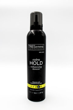 Isolated bottle of Tresemme extra hold mousse used by professionals. Tresemme is a popular haircare brand available at all health and beauty stores. Taken in Miami, Fl on December 2022