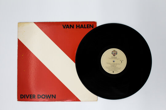 Hard rock, heavy metal and glam metal band, Van Halen music album on vinyl record LP disc. Titled: Diver Down album cover. Taken in Miami, Fl on December 2022.