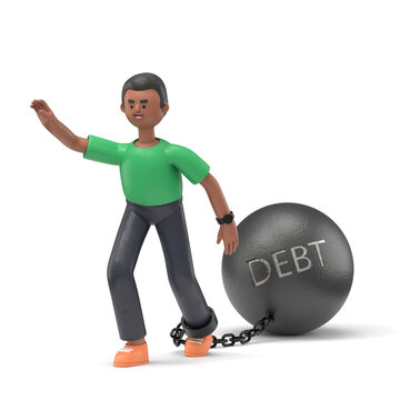 3D illustration of handsome afro man David   dragging his debts. 3D rendering on white background.
