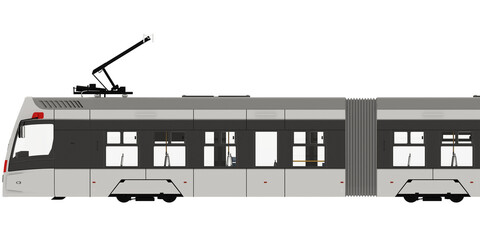 side view Passenger Tram Train, Streetcar. Modern Urban Tramcar. City Electric transport for make mockup Isolated on empty background