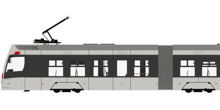 side view Passenger Tram Train, Streetcar. Modern Urban Tramcar. City Electric transport for make mockup Isolated on empty background