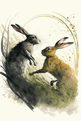 "boxing" hares fighting in the tall grass