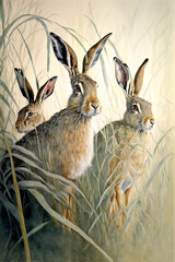 Image of Hare family in the long grass printed on Printed Glass Splashbacks