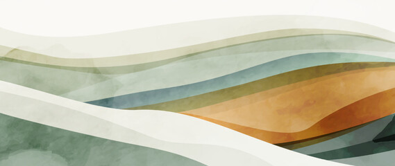Landscape art background with mountains and hills in a watercolor style in green and gold pastel colors. Vector banner for decoration, wallpaper, print, textile, packaging, interior design.