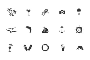 Vector summer beach travel holiday icons collection on white background. Set of summer icons in dark color