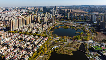Fototapeta premium Autumn scenery of Nanxi Wetland Park in Changchun, China