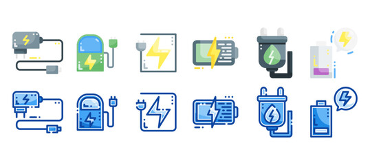 Battery charging icon set. Vector illustration with a different style. Flat and filled line style icon