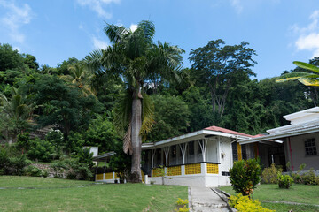 Fototapeta na wymiar Building or a house near among tropical trees on a sunny day in Dominica, Caribbeans