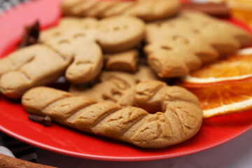 Different tasty cookies on red plate, closeup