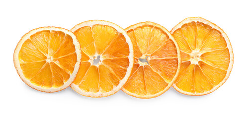 Delicious dry orange slices on white background, top view