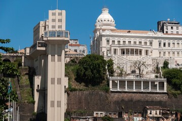 Fototapeta na wymiar Salvador, Bahia, Brazil. Lacerda Elevator and Rio Branco Palace seen from downtown.
