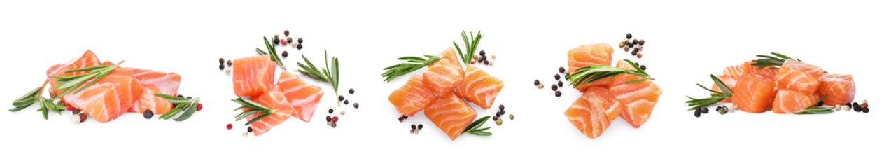 Set with pieces of fresh raw salmon and spices on white background. Banner design