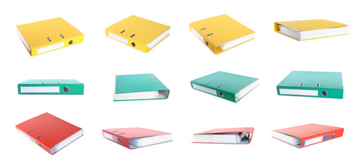 Set with different color office folders on white background. Banner design