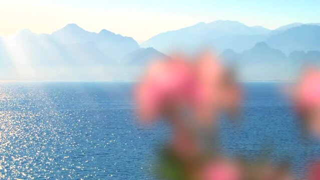 Sunny seascape and mountains in Antalya, Turkey