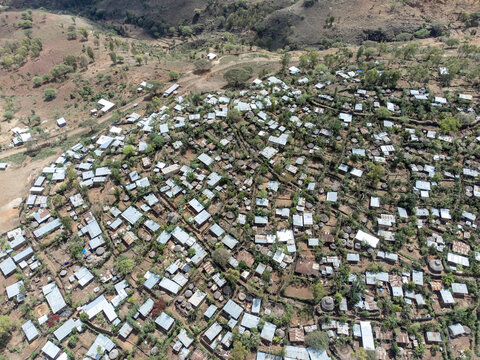 Aerial view of Konso, a city in southern Ethiopia and the center of the UNESCO cultural landscape.