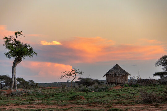 A single hut stands on the plains of the Borena region of Southern Ethiopia near Yabello at sunset.