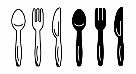 Cutlery icon fork, spoon and knife. Fork, spoon and knife icon design set in black and white. Stock vector