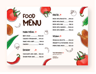 Food menu template with watercolor vegetable drawing vector illustration