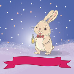 vector illustration, a merry bunny walks in the snow with a lamp in its paw, congratulations on the new year, a wish for sweet dreams, a good bedtime story from a rabbit