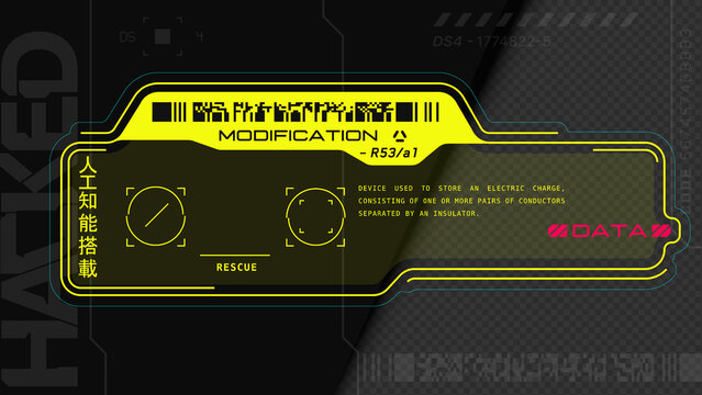Cyberpunk decals set. Set of stickers and labels in futuristic style. Inscriptions and symbols, Japanese hieroglyphs for AI controlled. Interface in the style of neo-futurism games. HUD elements.