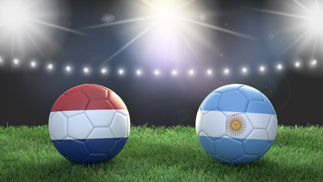 Two soccer balls in flags colors on stadium bright blurred background. Netherlands and Argentina. 3d image