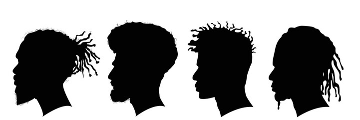 Silhouettes of African American men profile with hair style contour on white background. Vector illustration