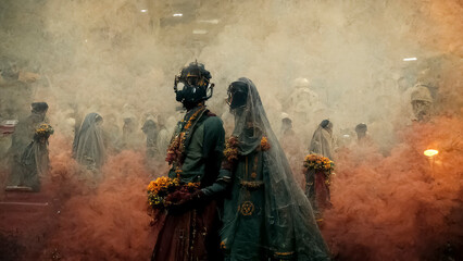 A very unique wedding event with colorful artificial smoke and beautiful decorations.