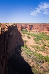 Canyon de Chelly, Arizona with a cloud in a blue sky. Green trees are on the canyon floor and on top of the plateau.