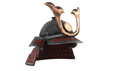 classic red and black samurai helmet without mask on white background
