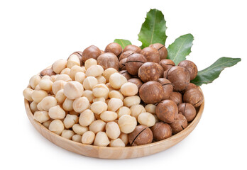 Macadamia nuts with leaf and Macadamia with hard shell on wooden background isolate on white with clipping path.