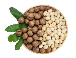 Macadamia nuts with leaf and Macadamia with hard shell on wooden background isolate on white with clipping path.
