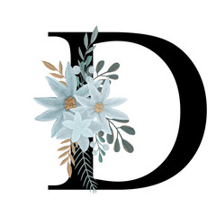 Hand drawn floral alphabet letter D with winter white and pastel blue flowers and leaves illustration. Botanical flower bouquet png for wedding invitation and monogram, logotype, baby shower, birthday