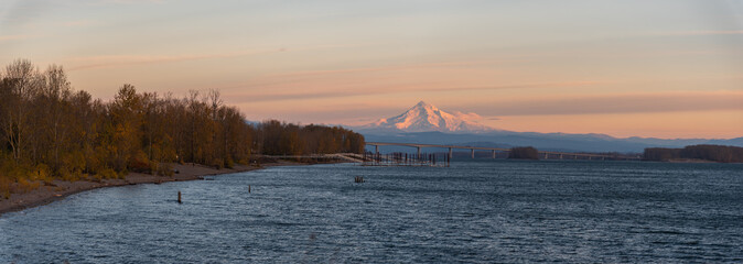 Panoramic of Mt Hood, Oregon, at sunset over the Columbia River from Tidewater Cove, Vancouver Washington