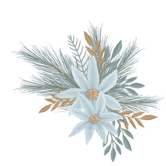 Pencil hand drawing cozy Christmas poinsettia bouquet illustration. Colorful children cartoon clipart on isolated background. Can be used for sticker, print, spainting for Christmas Sublimation.
