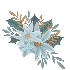 Pencil hand drawing cozy Christmas poinsettia bouquet illustration. Colorful children cartoon clipart on isolated background. Can be used for sticker, print, spainting for Christmas Sublimation.