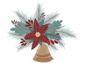 Pencil hand drawing cozy Christmas poinsettia bouquet with golden jingle bells illustration. Cartoon clipart on isolated background. Can be used for sticker, print, spainting for Christmas Sublimation