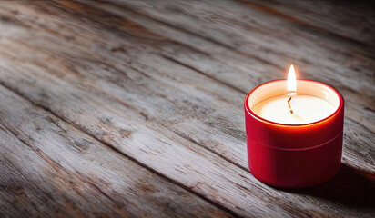 Simple burning candle on wooden background