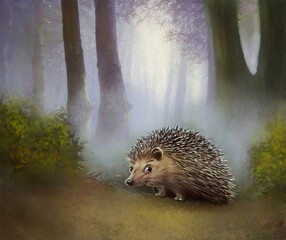 Beautiful illustration for a children's book, blooming meadow, hedgehog in a foggy forest. Fine art, artwork, hedgehog in the fog