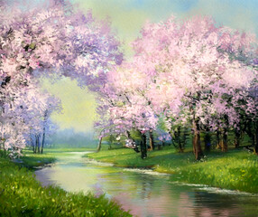 Obraz na płótnie Canvas Watercolor paintings landscape, spring in the park